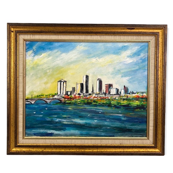 Original Oil Painting Miami Florida Skyline Scene By Brice Ferguson 17.25x14.25